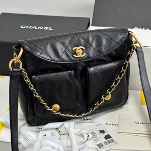 SMALL HIPPIE HOBO POSTMAN BAG 25 IN BLACK CALFSKIN GOLD HARDWARE