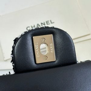 MINI FLAP BAG 20 ATTACHED SAQUINS IN BLACK MIX WHITE TWEED GOLD HARDWARE