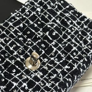 MINI FLAP BAG 20 ATTACHED SAQUINS IN BLACK MIX WHITE TWEED GOLD HARDWARE