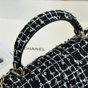 MINI FLAP BAG 20 ATTACHED SAQUINS IN BLACK MIX WHITE TWEED GOLD HARDWARE