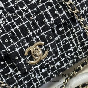 MINI FLAP BAG 20 ATTACHED SAQUINS IN BLACK MIX WHITE TWEED GOLD HARDWARE