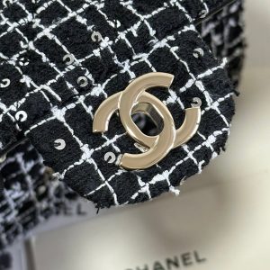 MINI FLAP BAG 20 ATTACHED SAQUINS IN BLACK MIX WHITE TWEED GOLD HARDWARE