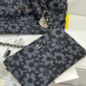 CC 22 Bag Gray Black Camellia Pattern Demin Silver Hardware 243625