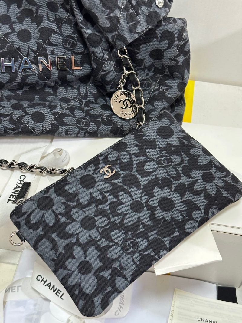 CC 22 Bag Gray Black Camellia Pattern Demin Silver Hardware 243625