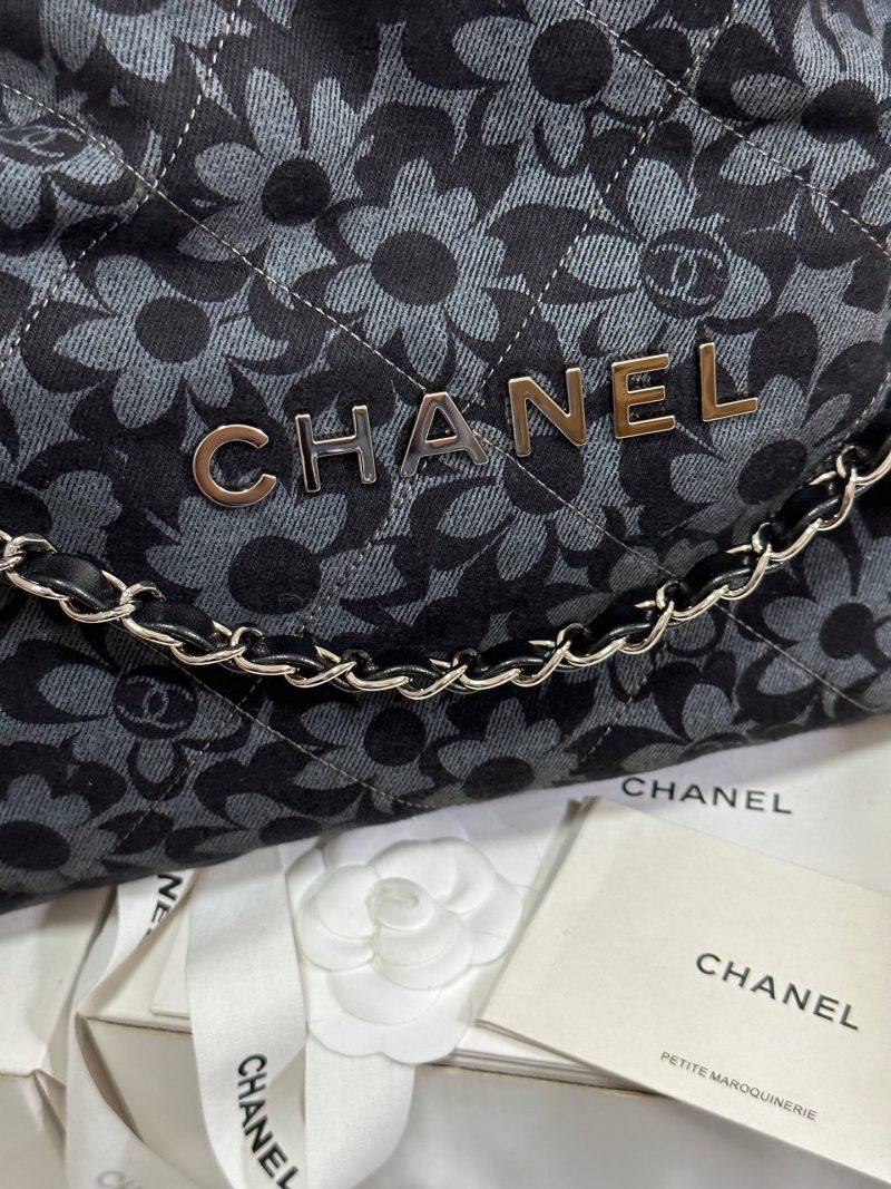 CC 22 Bag Gray Black Camellia Pattern Demin Silver Hardware 243625