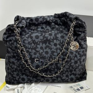 CC 22 Bag Gray Black Camellia Pattern Demin Silver Hardware 243625