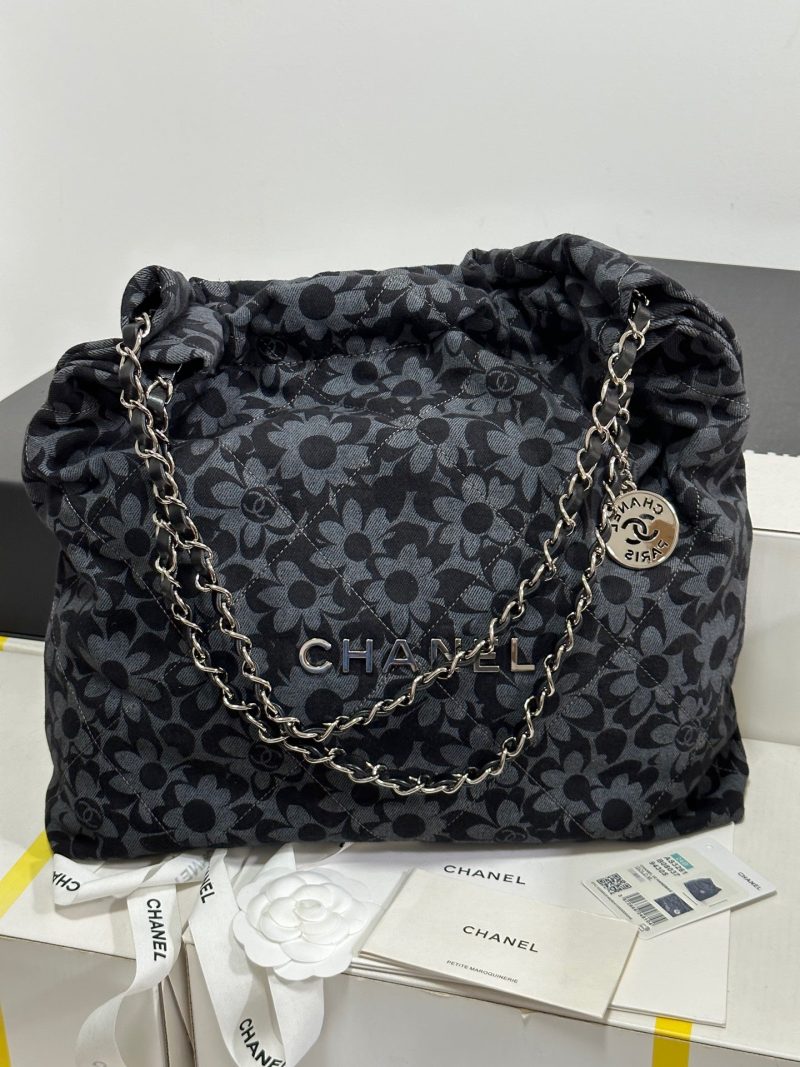 CC 22 Bag Gray Black Camellia Pattern Demin Silver Hardware 243625