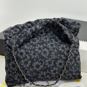 CC 22 Bag Gray Black Camellia Pattern Demin Silver Hardware 243625