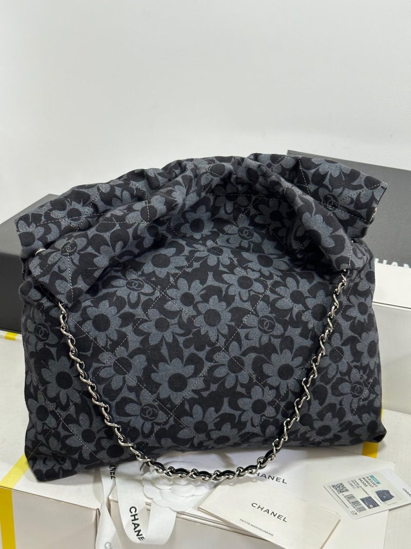 CC 22 Bag Gray Black Camellia Pattern Demin Silver Hardware 243625