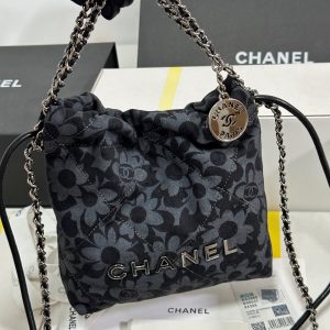 CC 22 Bag Mini Gray Black Camellia Pattern Demin Silver Hardware 243630