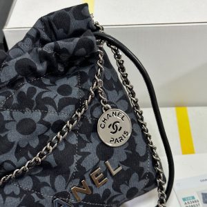 CC 22 Bag Mini Gray Black Camellia Pattern Demin Silver Hardware 243630