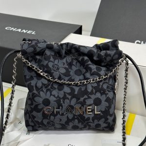 CC 22 Bag Mini Gray Black Camellia Pattern Demin Silver Hardware 243630