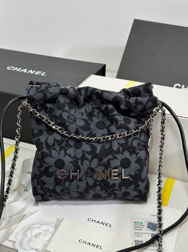 CC 22 Bag Mini Gray Black Camellia Pattern Demin Silver Hardware 243630