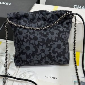 CC 22 Bag Mini Gray Black Camellia Pattern Demin Silver Hardware 243630