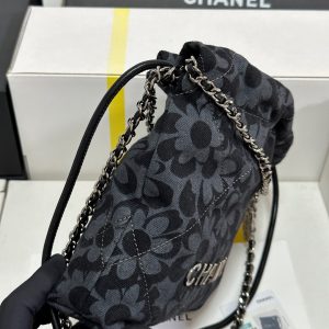 CC 22 Bag Mini Gray Black Camellia Pattern Demin Silver Hardware 243630