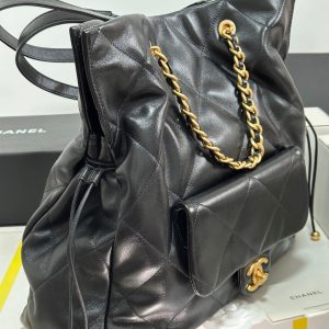 CC 25C Drawstring Backpack Black Lambskin Gold Hardware 243655