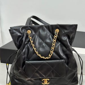 CC 25C Drawstring Backpack Black Lambskin Gold Hardware 243655
