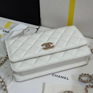CC 25P Wallet On Chain 19cm White Cowhide Heart Rhinestone 243592