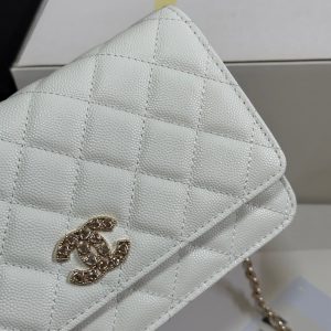 CC 25P Wallet On Chain 19cm White Cowhide Heart Rhinestone 243592