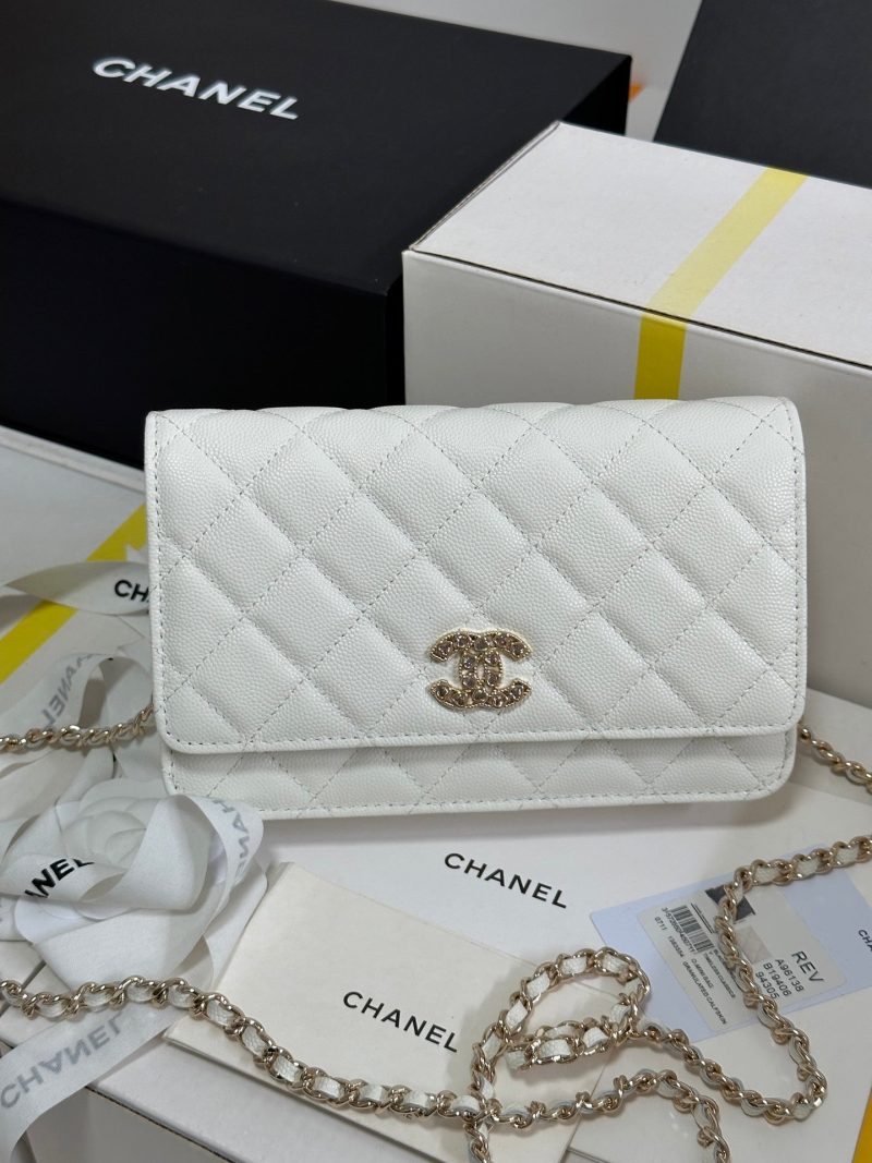 CC 25P Wallet On Chain 19cm White Cowhide Heart Rhinestone 243592