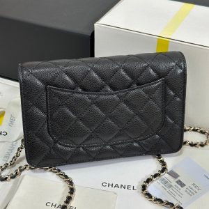 CC 25P Wallet On Chain 19cm Black Cowhide Heart Rhinestone 243601