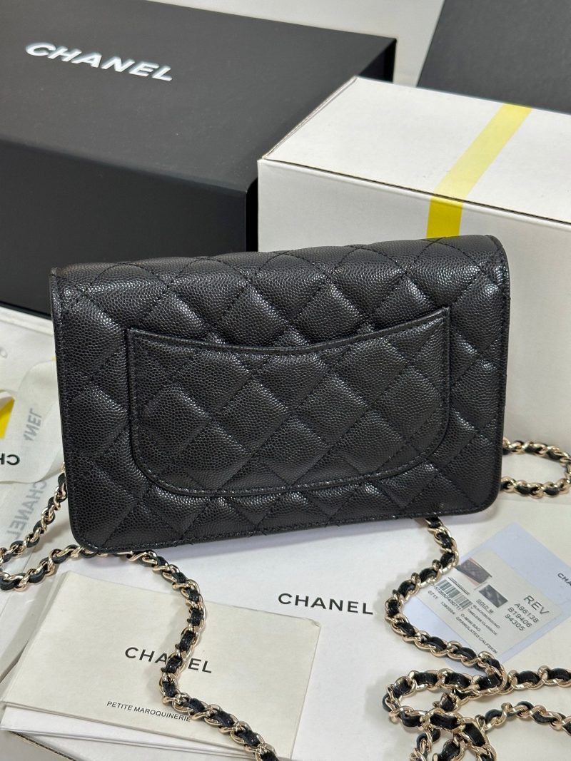 CC 25P Wallet On Chain 19cm Black Cowhide Heart Rhinestone 243601