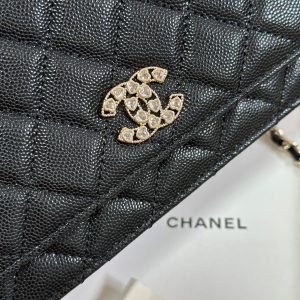 CC 25P Wallet On Chain 19cm Black Cowhide Heart Rhinestone 243601