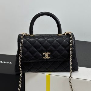 CC Coco Handle Flap Bag 24 Black Quilted Caviar Light Gold Hardware 243475