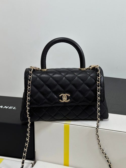CC Coco Handle Flap Bag 24 Black Quilted Caviar Light Gold Hardware 243475