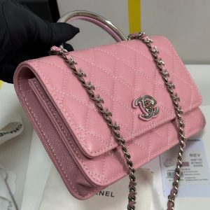 CC 25P Wallet Woc Handle 19cm Pink Pastel Leather Silver Hardware 243448