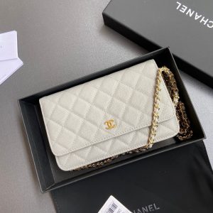 CC Wallet On Chain 20cm White Caviar Leather Gold Hardware 240157
