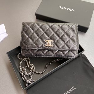 CC Wallet On Chain 20cm Black Caviar Leather Light Gold Hardware 240162