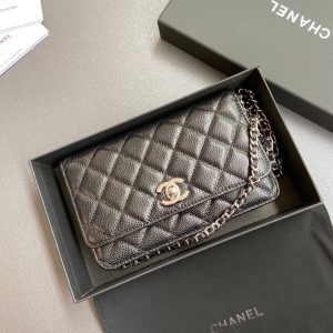 CC Wallet On Chain 20cm Black Caviar Leather Light Gold Hardware 240162