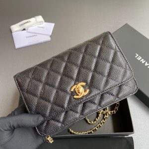 CC Wallet On Chain 20cm Black Caviar Leather Gold Hardware 240164
