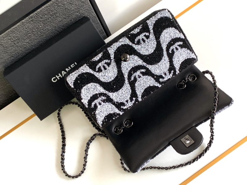 flap bag medium 25 black grey sequin silver hardware