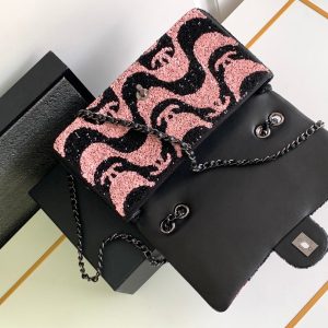 flap bag medium 25 black pink sequin silver hardware