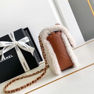 Flap Bag Small 23cm White Brown Sherling Lambskin Gold Hardware