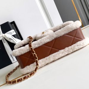 Flap Bag Small 23cm White Brown Sherling Lambskin Gold Hardware