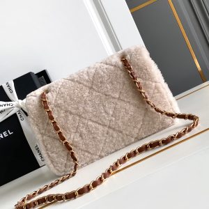 Flap Bag Small 23cm White Brown Sherling Lambskin Gold Hardware