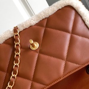 Flap Bag Small 23cm White Brown Sherling Lambskin Gold Hardware