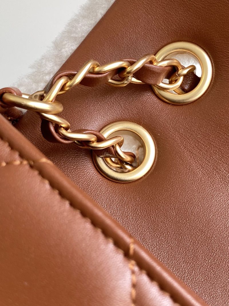 Flap Bag Small 23cm White Brown Sherling Lambskin Gold Hardware