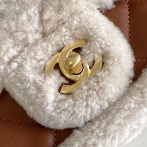 Flap Bag Mini 18cm White Brown Sherling Lambskin Gold Hardware