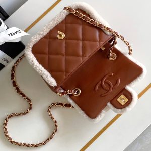 Flap Bag Mini 18cm White Brown Sherling Lambskin Gold Hardware