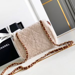 Flap Bag Mini 18cm White Brown Sherling Lambskin Gold Hardware