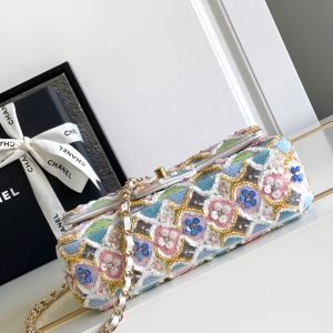 CC 24a Flap Bag 20cm Multicolor Sequin Satin Gold Hardware