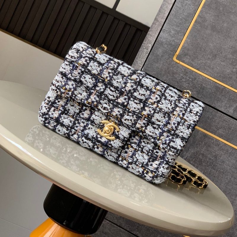 Flap Bag Mini 20cm Black White Tweed Sequin