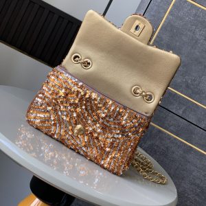 Flap Bag Mini 20cm Beige Calfskin Gold Bronze Sequin