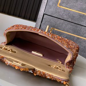 Flap Bag Mini 20cm Beige Calfskin Gold Bronze Sequin