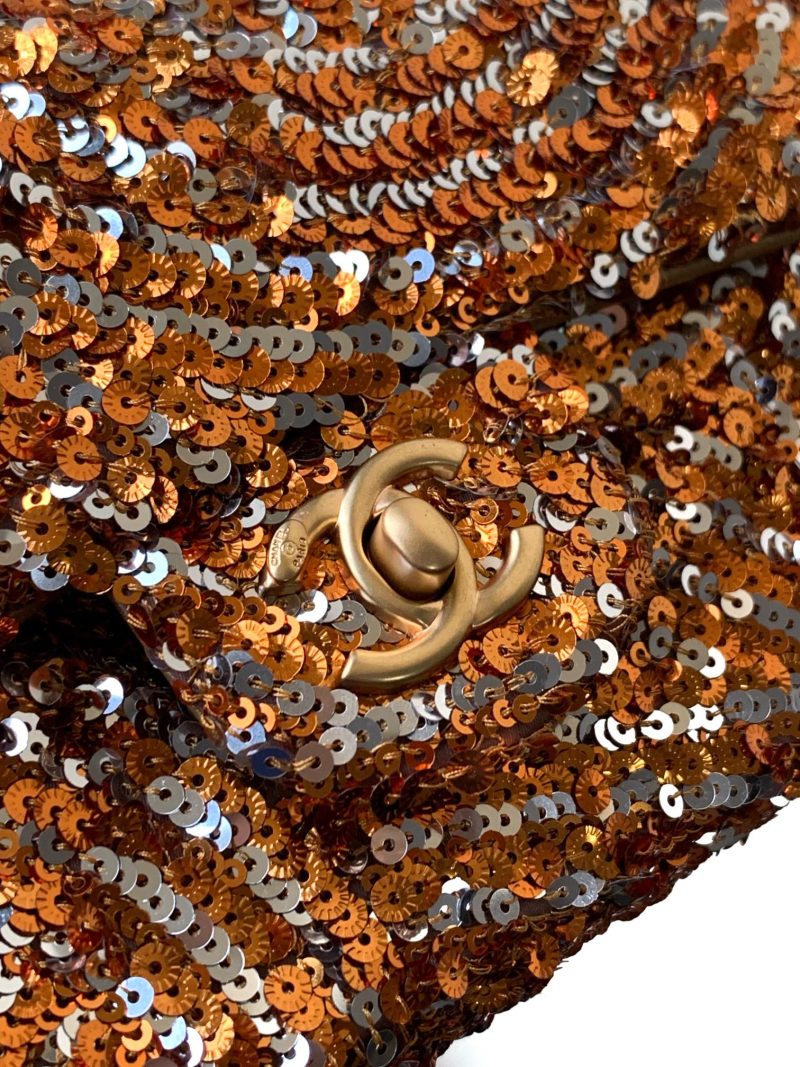 Flap Bag Mini 20cm Beige Calfskin Gold Bronze Sequin