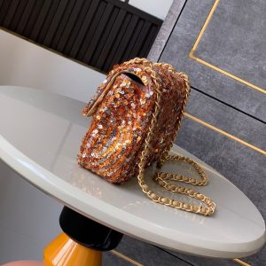 Flap Bag Mini 20cm Beige Calfskin Gold Bronze Sequin